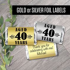 gold or silver foil labels for age 40 years and 40 years with leaves on them