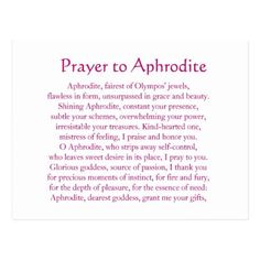 a prayer card with the words prayer to aphrodite in pink and white