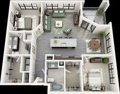 the floor plan of a two bedroom apartment with an attached kitchen and living room area