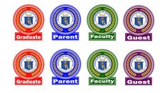 six badges with the words graduate, faculty, and parent in different colors on them