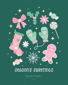 a green christmas card with pink stockings and candy canes in the center, surrounded by snowflakes