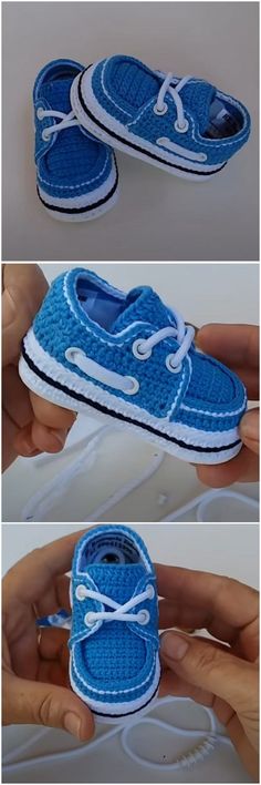 two pictures of blue shoes with white laces