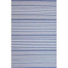 a blue and white rug with horizontal stripes