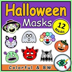 halloween masks with different faces and colors on the front, along with an eyeball