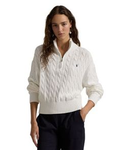 Combining the casual styling of a pullover with Ralph Lauren's iconic cable-knit construction, this quarter-zip sweater is crafted with chunky cotton yarn and meticulously embroidered with our signature Pony at the chest. Quarter Zip Outfits, Dinner Outfits Winter, Knit Quarter Zip, Jumper For Women, Ralph Lauren Quarter Zip, Quarter Zip Sweater, Ralph Lauren Jeans, Ralph Lauren Purple Label, Dinner Outfits