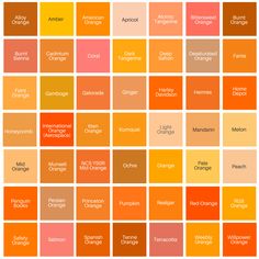 an orange and yellow color scheme with the names of different colors in each square shape