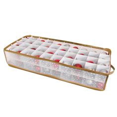 This Simplify 80-count ornament organizer is a perfect holiday accessory to keep around the home! Helps keep up to 80 ornaments in 2.25" spaces safely stowed away until the next holiday season! Comes with handles for easy carrying and a zipper-lid closure for protection. Supportive cardboard dividers help protect and organize ornaments, and see through material allows you to easily view your ornaments that are stored. Collapses flat when not in use for easy storage during the holiday season. Simplify 11.81-in x 5.91-in 80-Compartment Gold Plastic Ornament Storage Box | 9030-GOLD Ornament Organizer, Christmas Ornament Storage, Ornament Storage Box, Holiday Storage, Ornament Storage, Christmas Storage, Easy Storage, The Holiday Aisle, Storage Containers