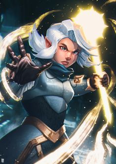 an image of a woman with white hair holding a light saber in her right hand