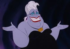 an animated character with white hair and blue eyes, wearing a black dress in front of a purple background