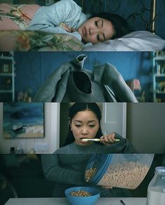 a woman eating cereal from a blue bowl