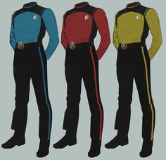 three men in star trek costumes standing next to each other with their hands on their hipss