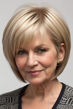 Discover elegant short bob haircuts for ladies over 60 that are both stylish and easy to maintain. These classic, low-maintenance styles add volume and sophistication to your look, perfect for any occasion. Diana Haircut Short Hairstyles, Pixie Haircut Fine Hair, Haircuts For Ladies, Stacked Bob Hairstyles, Layered Hair With Bangs, Short Silver Hair, A Hairstyle, Chin Length Hair, Bob Haircut For Fine Hair