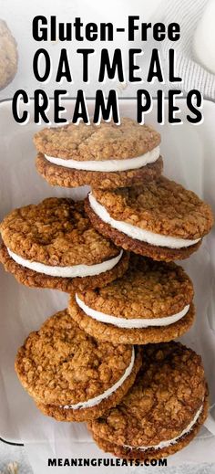 Six oatmeal cream pies leaning against each other in a ceramic dish. Gluten Free Chewy Oatmeal Cookies, Gf Oatmeal Cream Pies, Fall Food Recipes Gluten Free, Gluten Free Oatmeal Desserts, Homemade Gluten Free Desserts, Gluten Free Cornmeal Recipes, Gf Df Sf Recipes, Best Oatmeal Cream Pies, Gluten Free Recipes With Cream Cheese