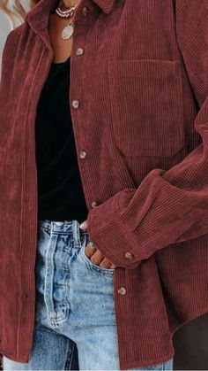 Corduroy Material, Trendy Jackets, Corduroy Blazer, Turndown Collar, Pocket Shirt, Collar Top, Diy Hair, Pullover Shirt, Oversized Shirt