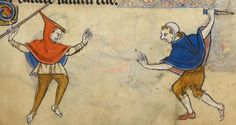 an old book with two men in medieval clothing, one holding a flag and the other running