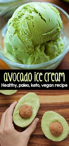 avocado ice cream in a glass bowl on top of a wooden cutting board