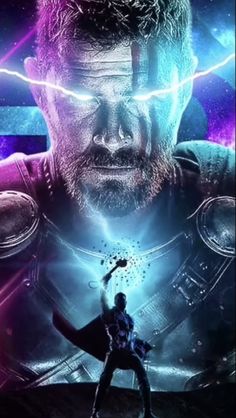 the poster for thor is shown in front of an image of a man with lightning