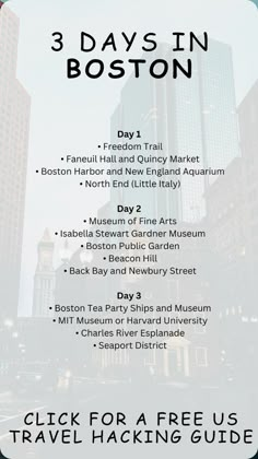 the 3 days in boston tour poster with information for each city's attractions and locations