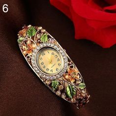 Gold Floral Bangle Watch Digital Watches Women, Women's Dress Watches, Dress Business, Gold Watches, Bracelet Watches Women, Bangle Watches, Women Flower, Ladies Watches, Watch Women