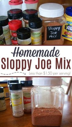 homemade sloppy joe mix in a jar on a wooden table with spices and seasonings