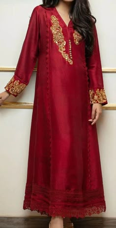 Product Description:  Have your dream look with this Raw Silk shirt which has the work of zari embroidery, naqshi, dabka and stone work. It can be paired with Raw Silk pants and Organza dupatta. Color: Red Can be customized in any color Includes:  Shirt Pants Duppata Naqshi Dabka Work Simple, Silk Dress Design, Raw Silk Pants, Raw Silk Dress, Asian Dresses, Embroidery Leaf, Silk Suits, Red Can, Embroidered Dresses