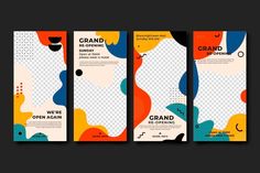 three vertical banners with abstract shapes