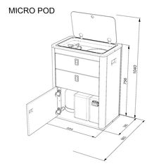 the micro pod is shown with its door open and toilet paper dispenser