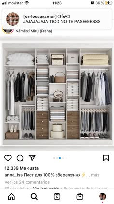 an open closet with clothes and other items on the shelves, in front of a tweet