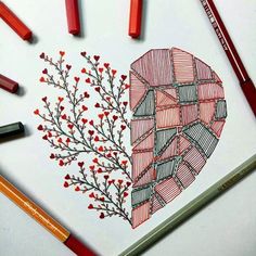 a drawing of a tree with red leaves and branches in the shape of a heart