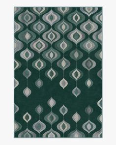 a green rug with white and grey designs on it's sides, in the shape of an abstract design