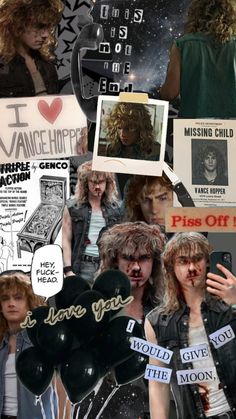 the collage has many different pictures and words on it, including one man with long hair