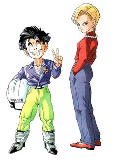 two anime characters standing next to each other with their hands in the air and one pointing at