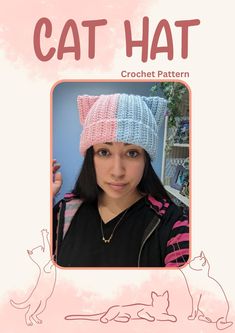 a woman wearing a knitted cat hat in front of a pink and white background