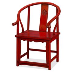 a red wooden chair with arm rests on an isolated white background