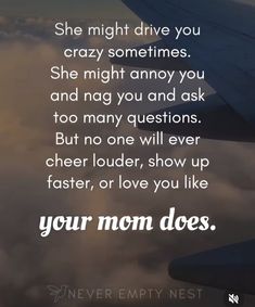 an airplane wing with the words, she might drive you crazy sometimes and nag you and ask too many questions but no one will ever cheer