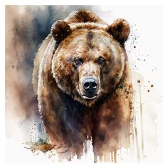 a painting of a brown bear with watercolor stains on it's face and head