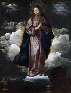 an image of the virgin mary in front of clouds