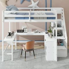 a white loft bed with desk underneath it and stars on the wall behind it in a pink room