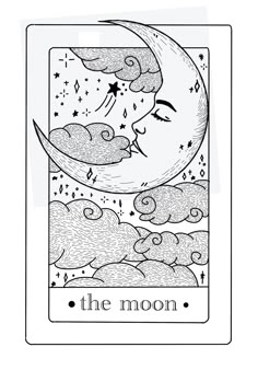 the moon tarot card in black and white with stars, clouds and crescents