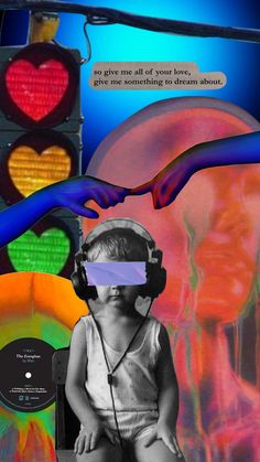 a child wearing headphones sitting in front of a traffic light with the words love on it