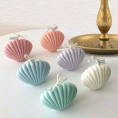 six seashells are sitting on a table next to a candle