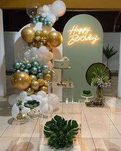 there are balloons and plants on display in the store