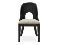 a black chair with a beige seat and back rest on a white background, side view