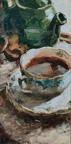 a painting of a tea pot and saucer on a table