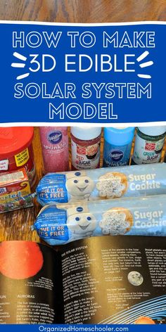 how to make 3D edible solar system model written above sugar cookie dough and science encyclopedia Creative Solar System Project Ideas, Model Of Solar System Projects, Solar System Scale Model Projects, Homemade Solar System, 3d Planet Project, Solar System Snacks, Solar System Model Diy, Diy Solar System Project Ideas, Edible Solar System