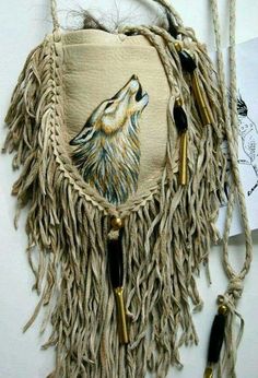 Native American Medicine Bag, 2 Wolves, Native Wolf, Thick Fringe, Round Braid, Leather Medicine Bag, Howdy Doody, Medicine Bags, Wisteria Tree