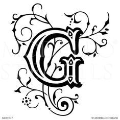 the letter g is decorated with swirls and leaves, as well as an ornamental design