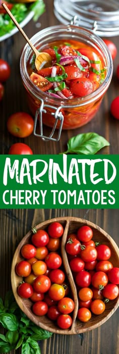 marinated cherry tomatoes in a bowl with basil leaves on the side and text overlay that reads marinated cherry tomatoes