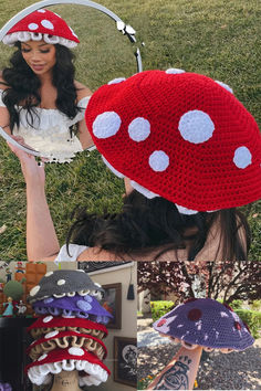 a woman wearing a red mushroom hat with white polka dots on the top and bottom