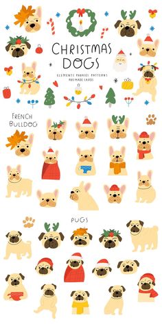 a poster with dogs and christmas decorations on the front, in different colors to match